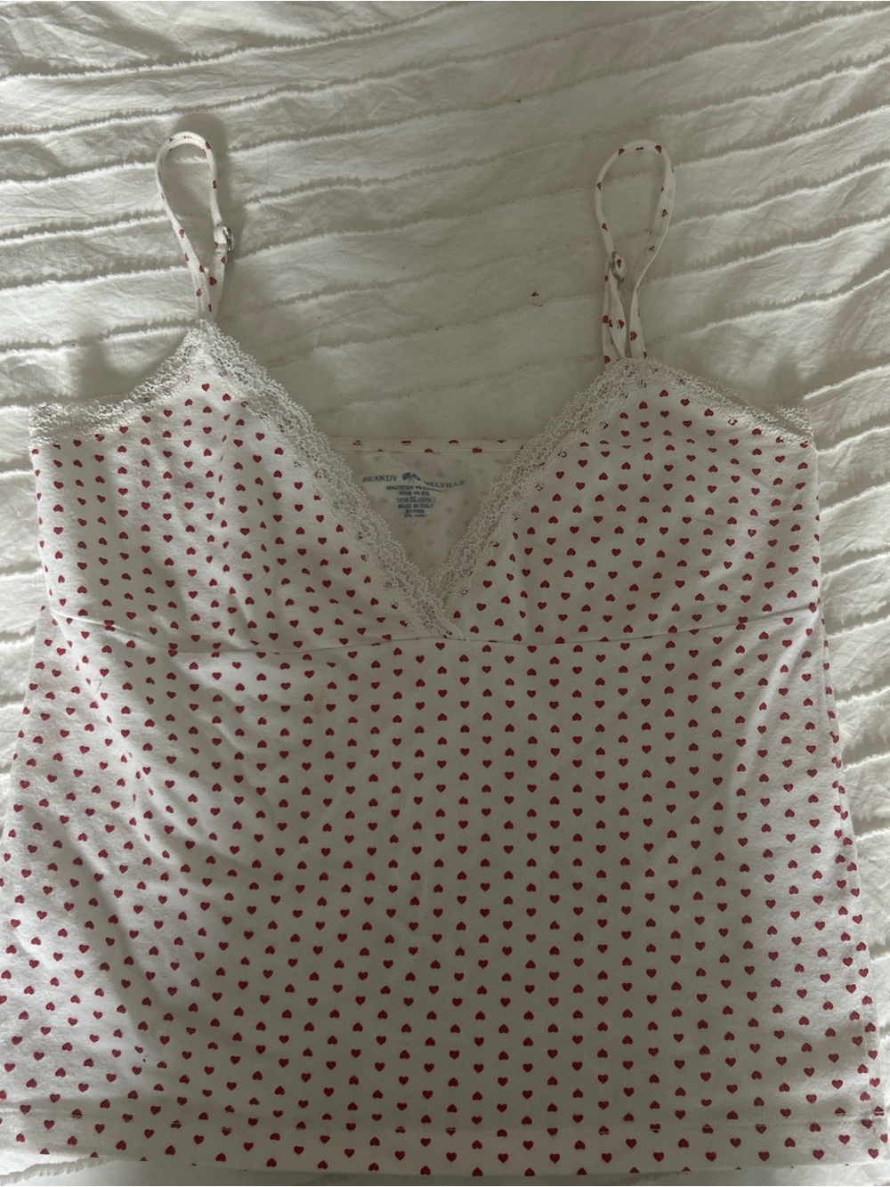 Brandy Melville Red Hearts Pajama Top with Adjustable straps and white lace